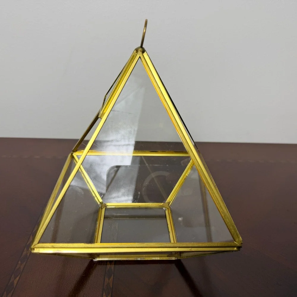 Vintage Brass Glass Pyramid Terrarium Geometric Display Case MCM Boho 80s‎ Decor